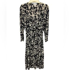 Chico’s Travelers Midi Dress Size 0 Faux Wrap V-neck 3/4 Sleeves Black Beige